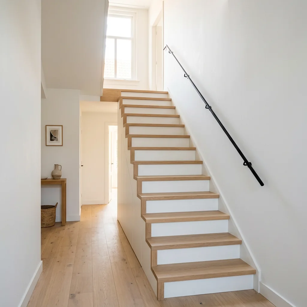 Bestaande trap bekleed met licht eiken treden en dichte witte stootborden in een lichte hal