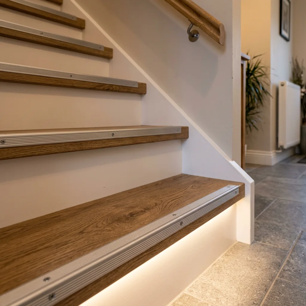 Close-up van een traptrede met strakke neus en warme LED-strip eronder