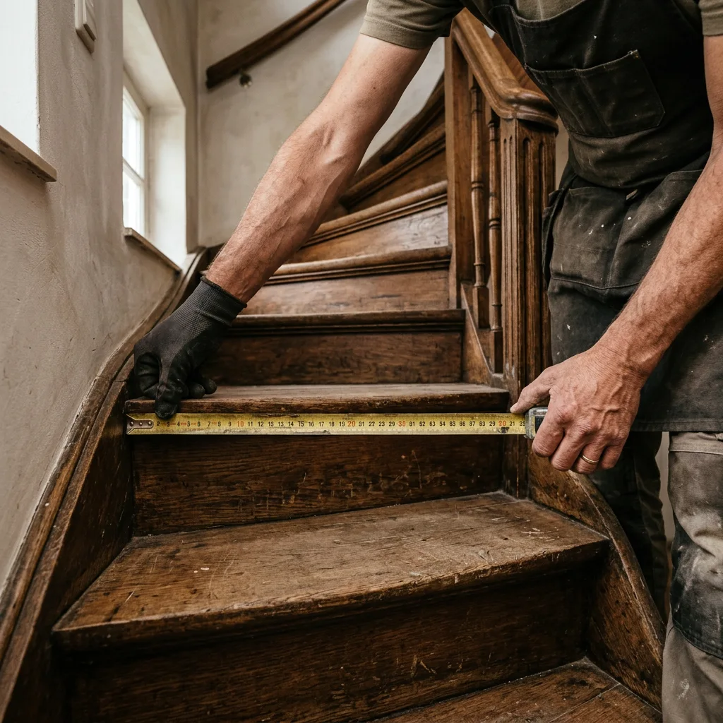 Handen die met een rolmaat de diepte van een traptrede opmeten